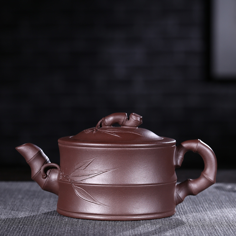 宜兴手工紫砂壶礼品套壶紫泥竹段壶清风载竹功夫茶具家用泡茶器