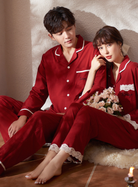 马克公主情侣睡衣女春秋款纯棉红色新婚结婚男士家居服套装本命年