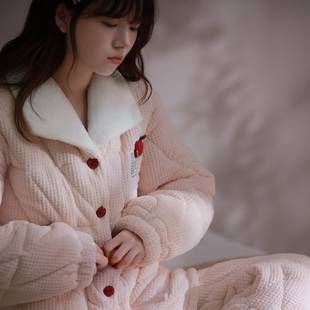 马克公主特厚三层夹棉睡衣女冬季新款珊瑚绒甜美可爱加厚棉袄省服