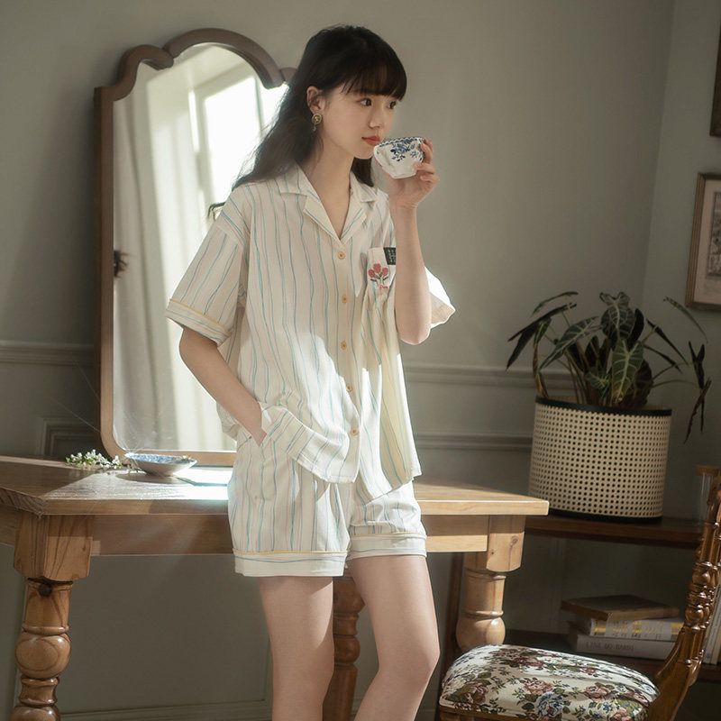 马克公主睡衣女夏天纯棉可爱少女套装2023年新款条纹小个子家居服