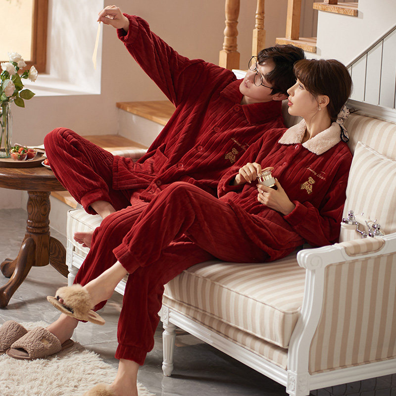 马克公主情侣睡衣女冬珊瑚绒红色新婚结婚家居服套装男士本命年