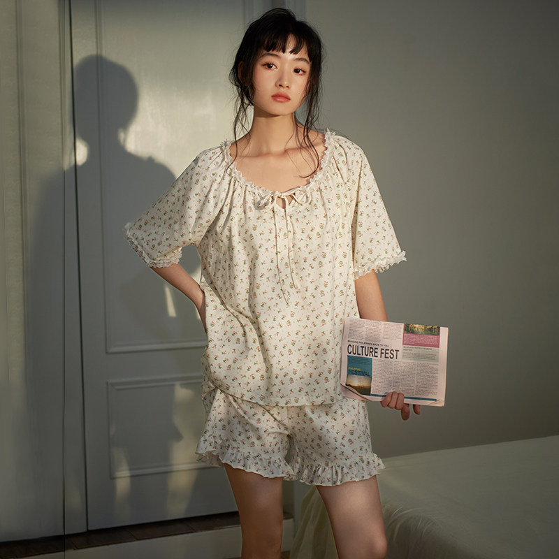 马克公主睡衣女夏纯棉短袖短裤甜美少女套装纯欲碎花小个子家居服