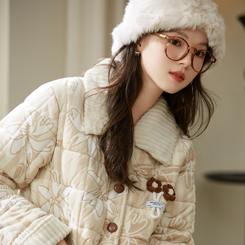 睡衣女冬款加厚夹棉复古文艺风