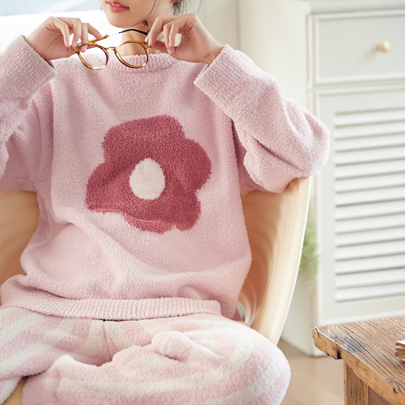 半边绒睡衣女冬款甜美花朵条纹裤