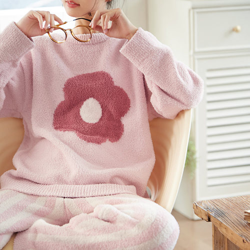 半边绒睡衣女冬款甜美花朵条纹裤