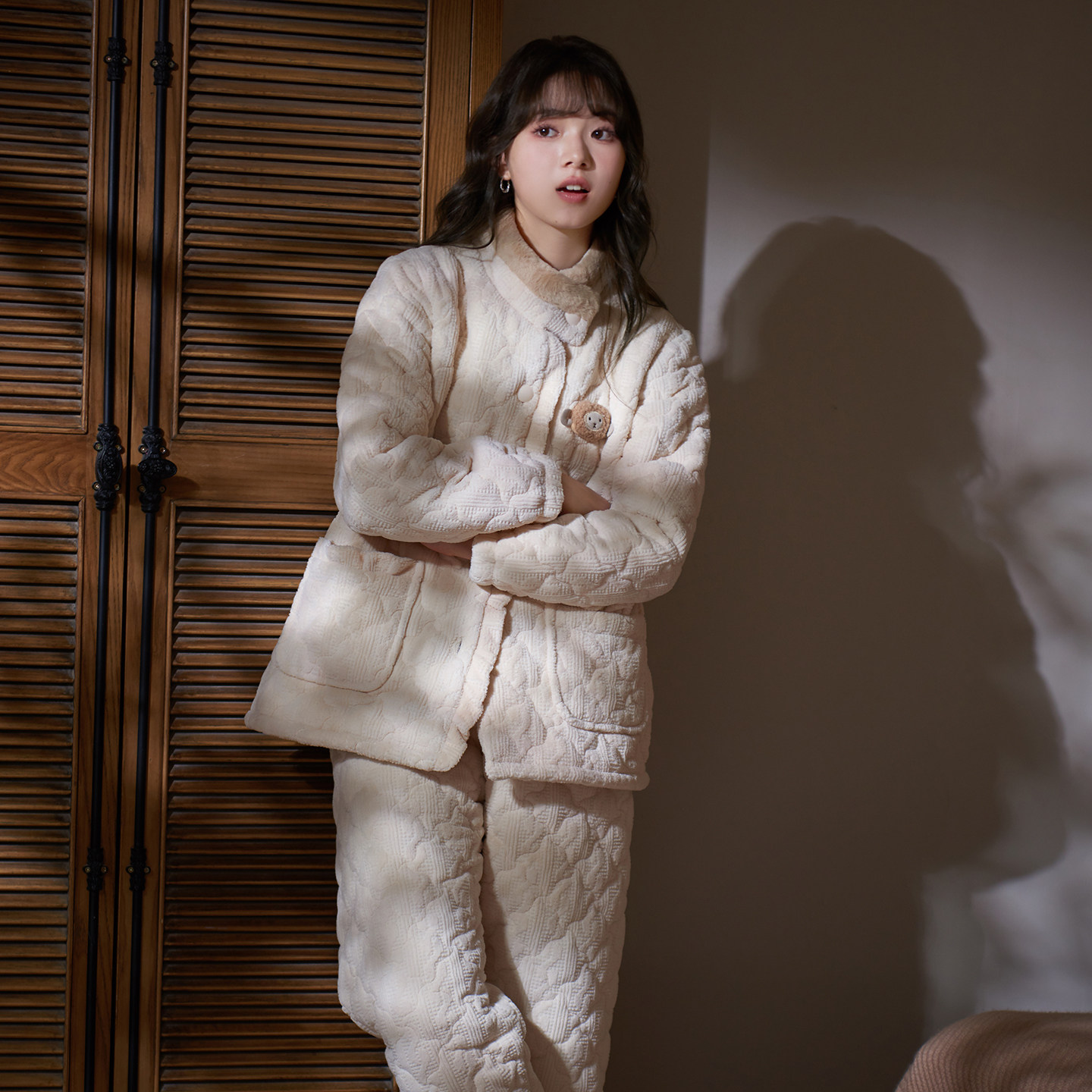 马克公主珊瑚绒夹棉睡衣女冬季可爱三层加厚高领省服可外穿家居服