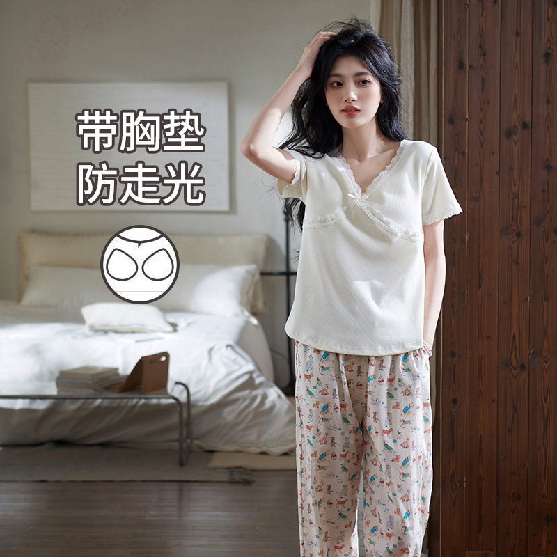 马克公主带胸垫睡衣女夏柔软棉短袖甜美可外穿卡通长裤套装家居服,女士内衣/男士内衣/家居服,睡衣/家居服套装,淘宝优惠券,粉丝福利购,淘宝优惠卷