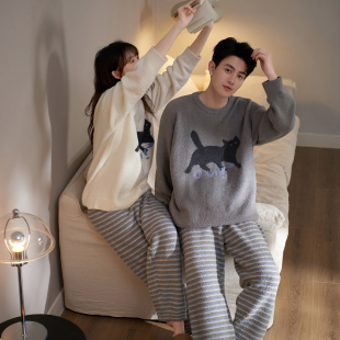 马克公主可爱猫咪情侣睡衣女秋冬款半边绒条纹长裤可外穿家居服男