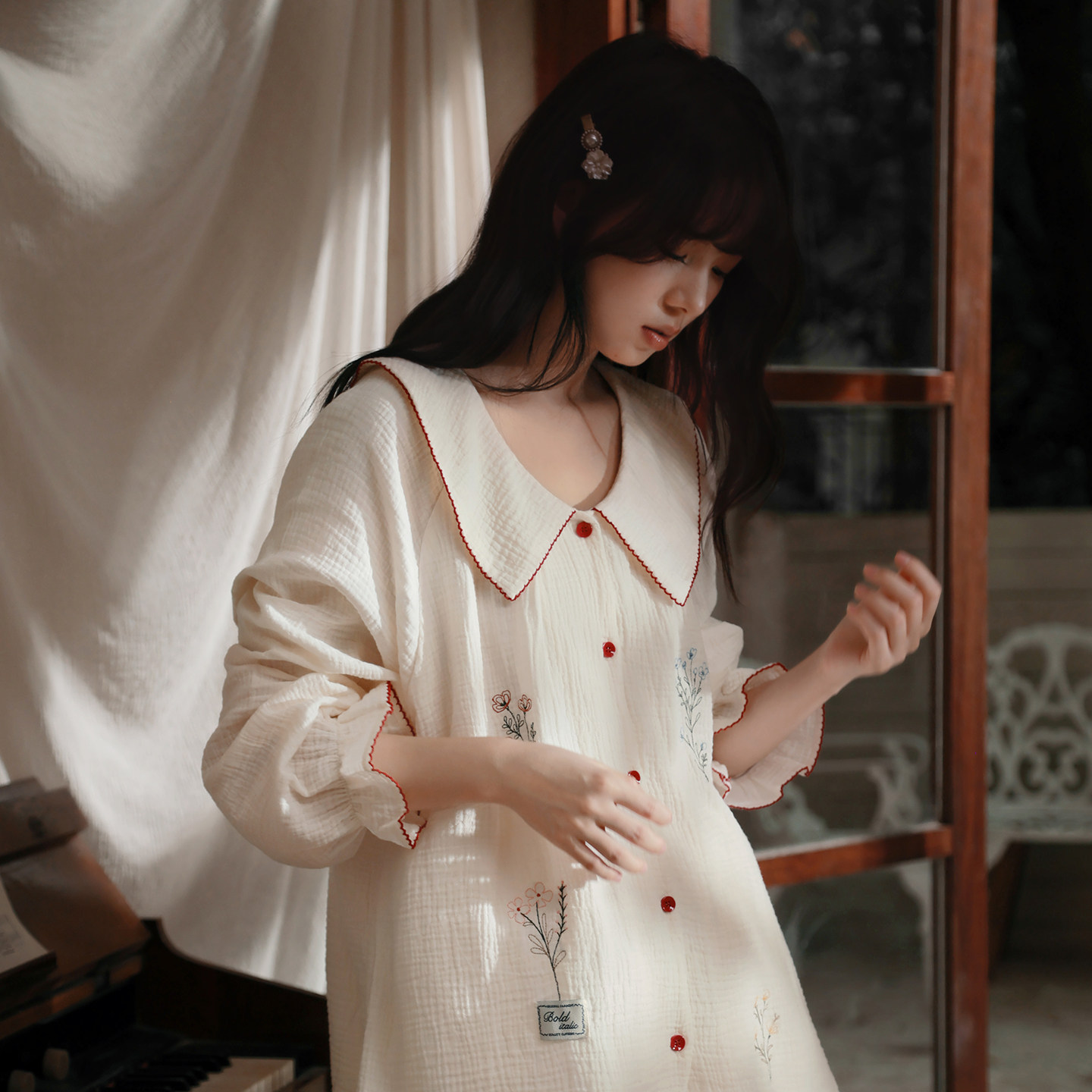 马克公主纯棉纱布睡衣女春秋复古