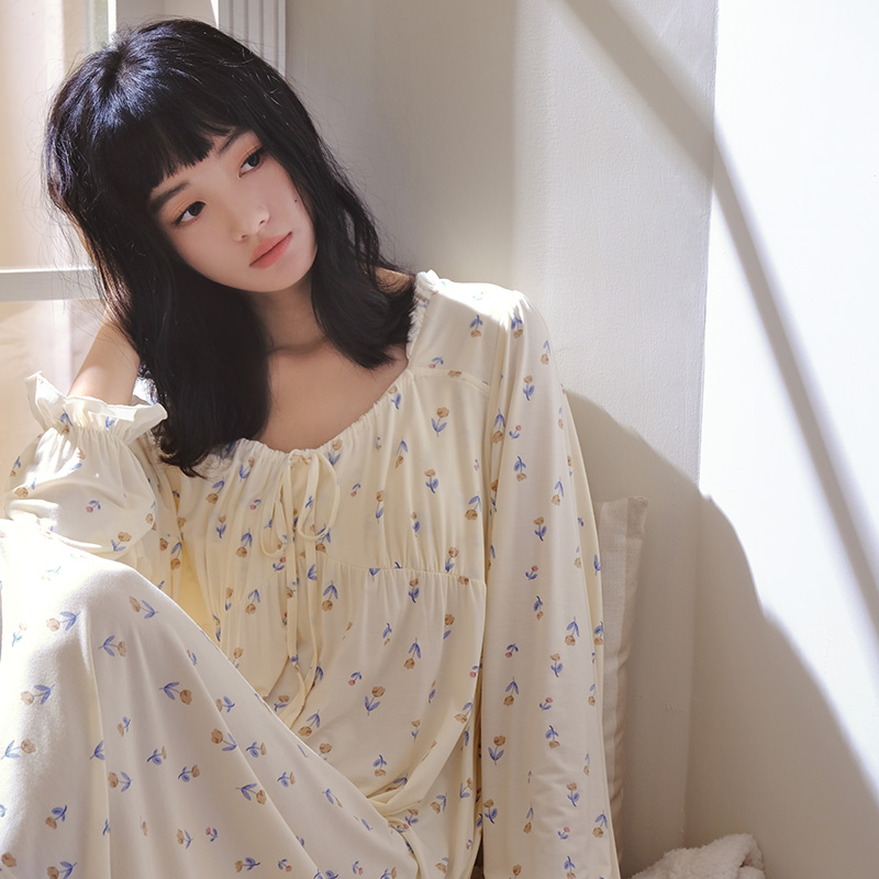 马克公主长袖睡裙女春秋款甜美韩系柔软莫代尔睡衣长裙法式家居服