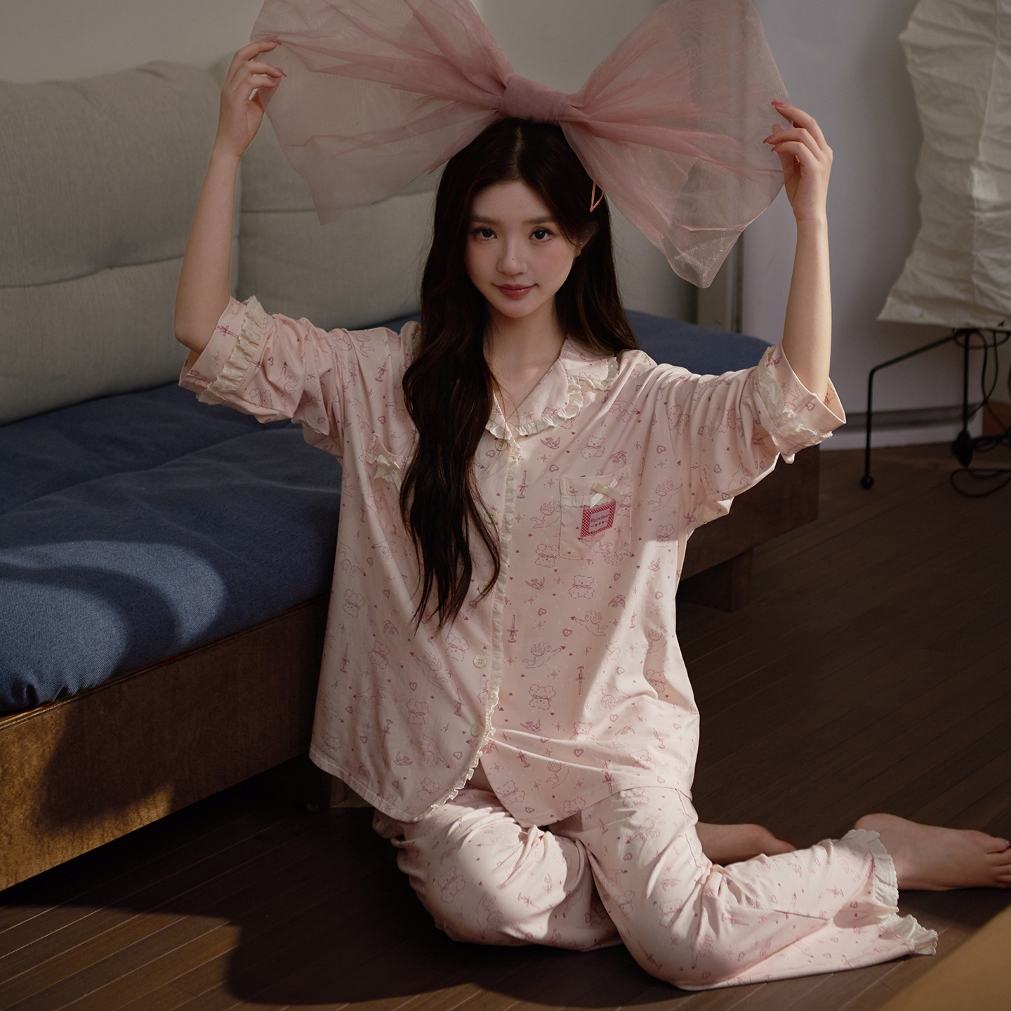 马克公主可爱小熊睡衣女春秋新款粉色洋气柔软莫代尔棉少女家居服