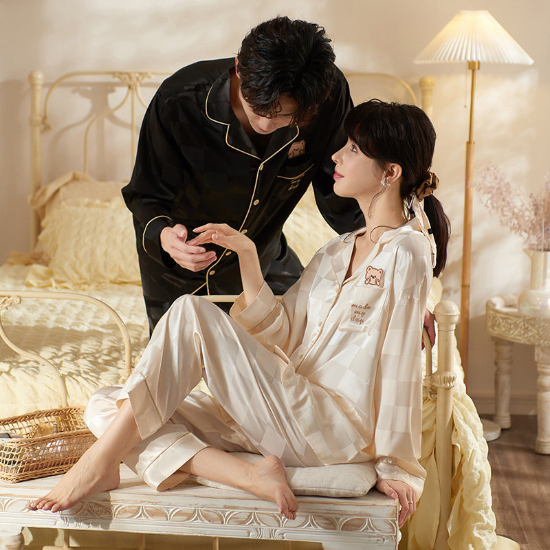 马克公主情侣睡衣女春秋冰丝小熊高级感棋盘格可外穿夏天家居服男