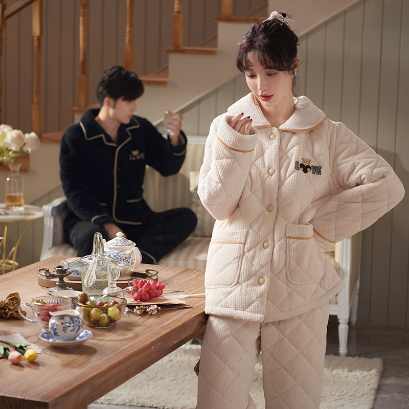 马克公主情侣睡衣女冬季加厚加绒三层夹棉男士家居服2021年新款