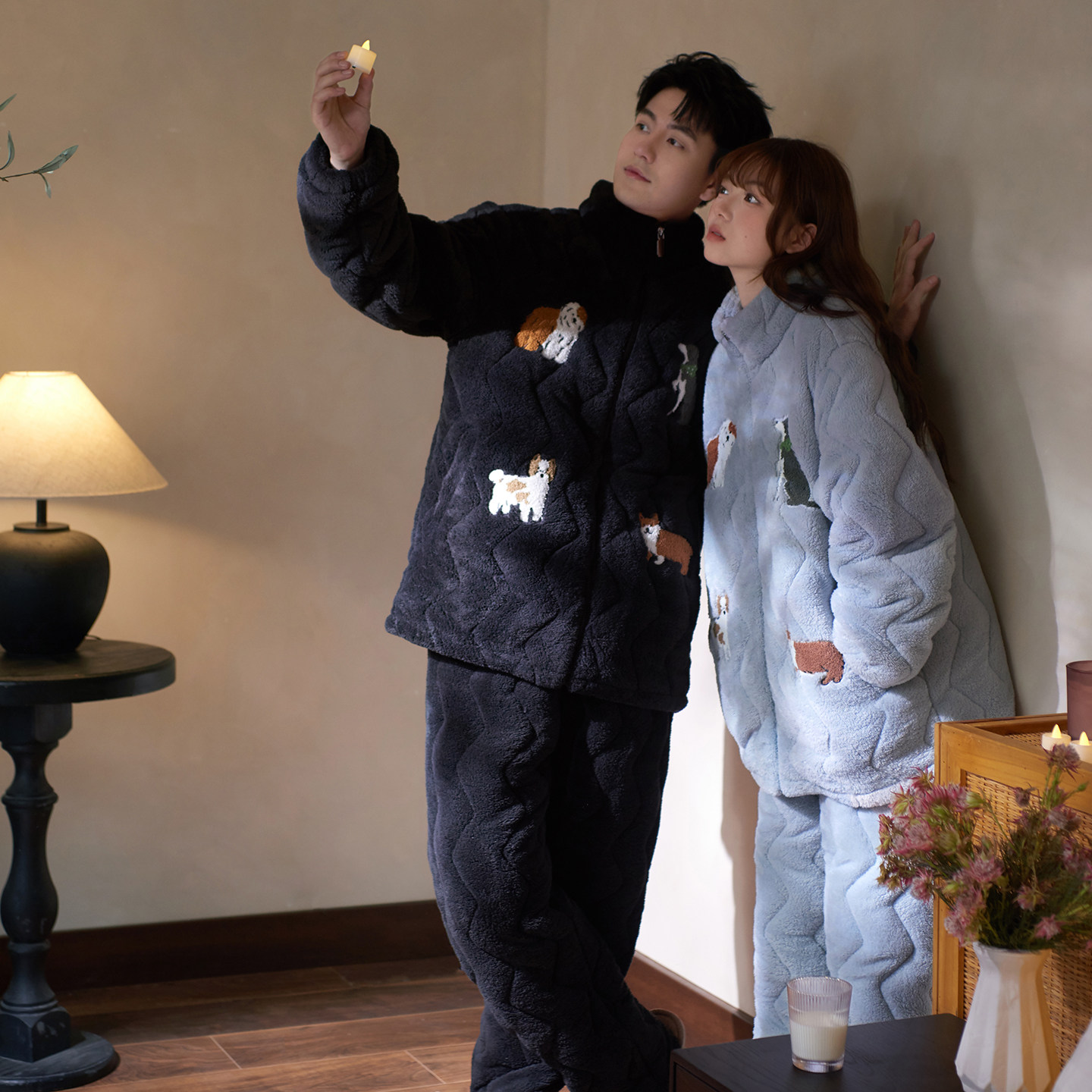 马克公主珊瑚绒夹棉情侣睡衣女冬季可爱小狗超厚三层拉链外套省服