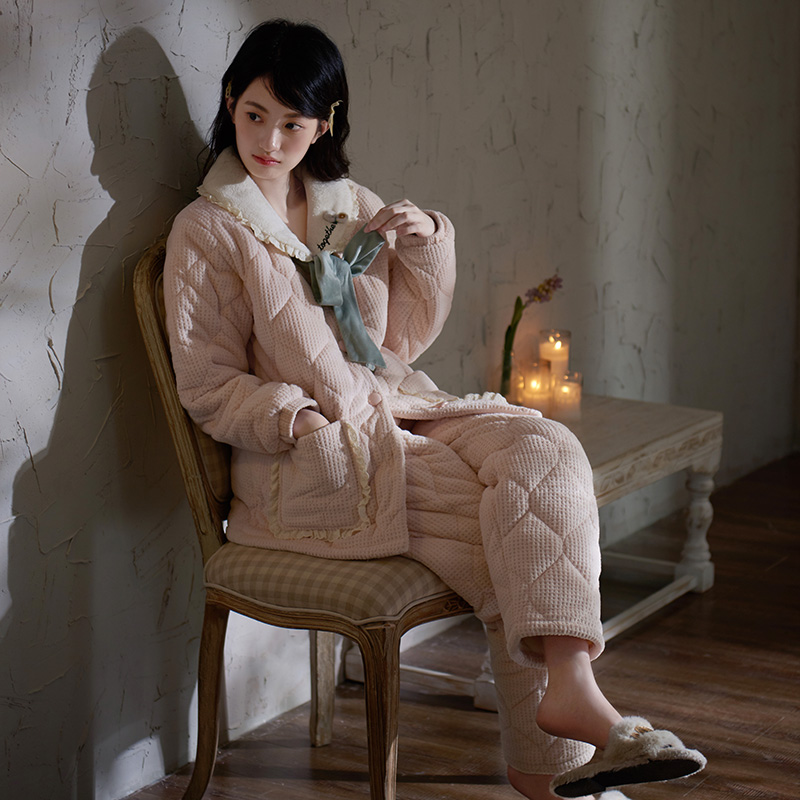 睡衣女冬超厚三层夹棉甜美蝴蝶结