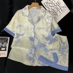高级感冰丝绸可外穿家居服套装 睡衣女水墨画夏季 短袖 古风中式