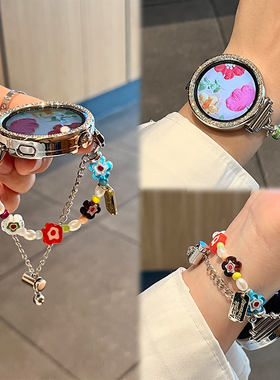 适用华为gt5表带gt6新款腕带多巴胺花朵watch5/4/3双排串珠链式腕带女款夏天创意XL透气gt3pro/2智能运动替换
