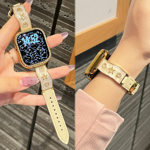 适用于苹果手表s10表带s11新款鎏金滴胶AppleWatch S9爱心星星series8皮质se3运动智能腕带XL高级感女款秋冬