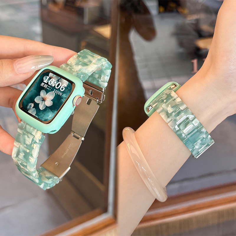 适用于苹果手表表带s10新款iwatch女款夏天s9高级感创意s876三珠树脂AppleWatch专用保护套壳XL小众智能配件