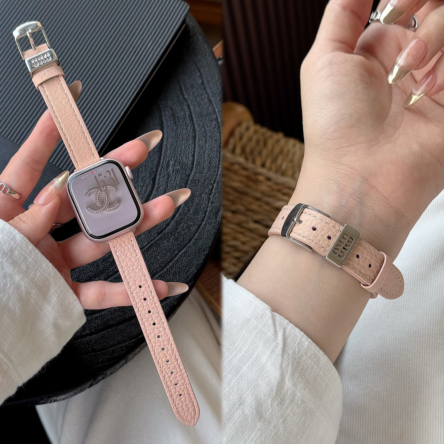 适用苹果手表iwatch表带s11女款s10新款S9荔枝纹AppleWatch金属扣女士真皮质腕带Ultra男JY秋冬se3高级感专用