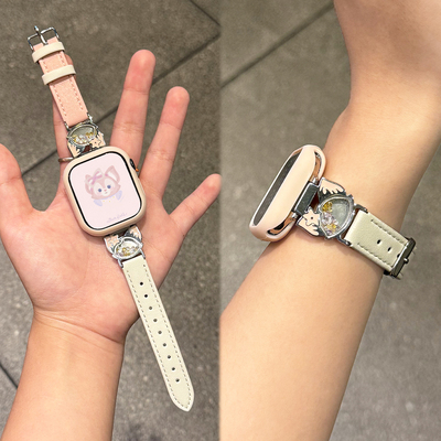 适用于苹果手表表带s11新款iwatch s10可爱贝儿9876女款夏季AppleWatch金属皮质高级感series se保护套XL配件