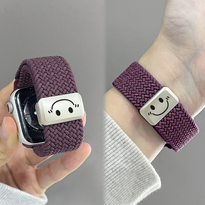 适用苹果手表表带s10新款尼龙iwatch s11笑脸编织磁吸series10女士AppleWatch9智能运动腕带s876男女款创意JY