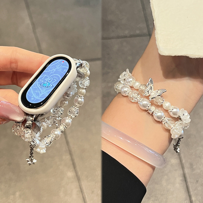 适用于小米手环10表带Xiaomi9手表8爆裂珠蝴蝶串珠运动智能腕带7nfc夏季透气高级感女款保护套壳XL时尚配件