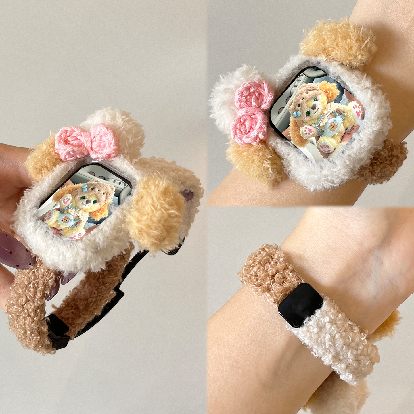 【毛绒饼饼】适用苹果手表s10表带s11女款iwatch10摇粒绒磁吸可爱卡通新款AppleWatchS9保护壳JY秋冬se高级感