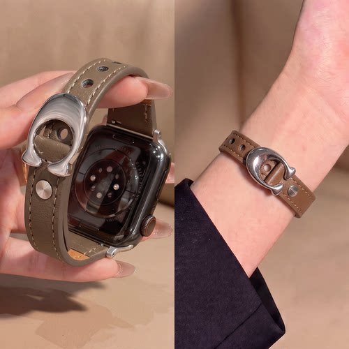适用iWatchs12表带苹果手表表带s11女款皮质系列双钉C字ApplewatchS10/9/8代Ultra智能SE3腕表JY秋气质设计感
