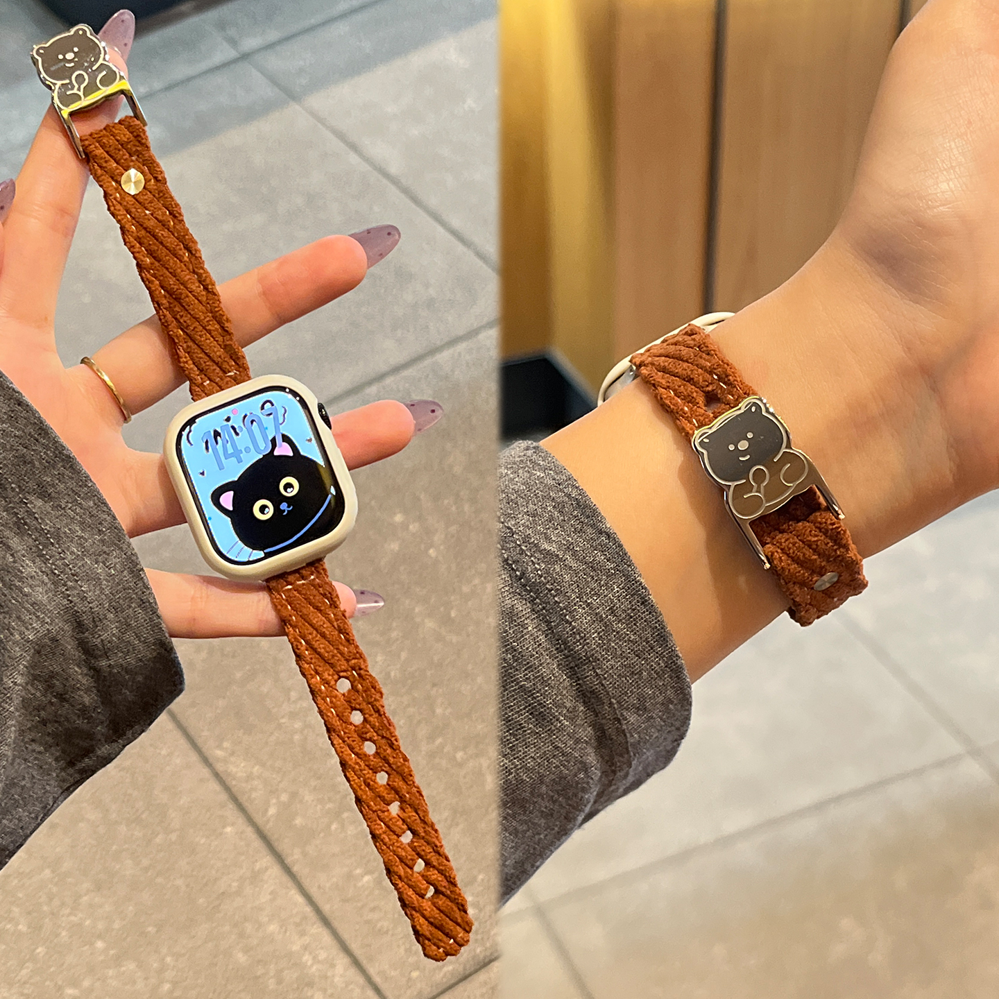 【绒绒小熊】适用苹果手表表带s11新款iwatch s10女款series10灯芯绒AppleWatchS9保护壳套JY秋冬季se3高级感