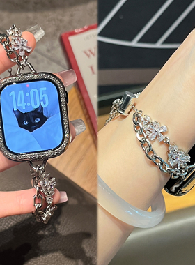 适用iwatch苹果手表表带s11新款金属S9水晶花series10女士AppleWatch镶钻智能JY运动腕带s87654女款小香风夏