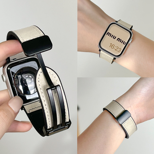 适用applewatch 真皮5女式 4硅胶SE高级3新款 秋冬 10表带ultra2苹果s11手表s987疯马纹iwatch磁吸扣代运动男士