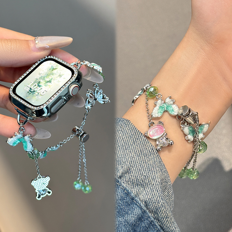 适用苹果手表表带s10新款蝴蝶绿iwatch s9串珠拉绳AppleWatch运动智能s876保护套壳se夏季女款XL透气替换配件