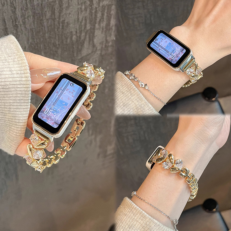 适用荣耀手环10表带9新款band8链式爱心金属女士镶钻腕带运动智能华为9/7/6Pro八九代男女款小香风轻奢专用JY