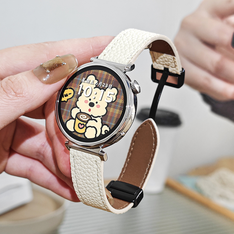 适用小米s4表带新款真皮watchs4荔枝纹XiaoMi Watch S4皮质磁吸扣女士腕带18mm智能JY运动手表41mm女款高级感