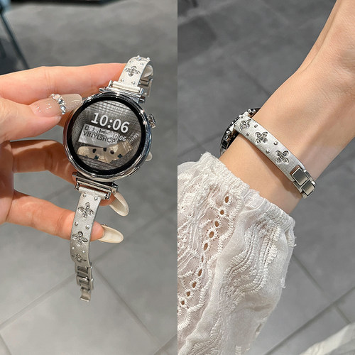 适用oppowatchX2手表表带新款一加手表2花朵X一二代镶钻女款watch4/3pro金属腕带女生高级智能运动女式轻奢JY