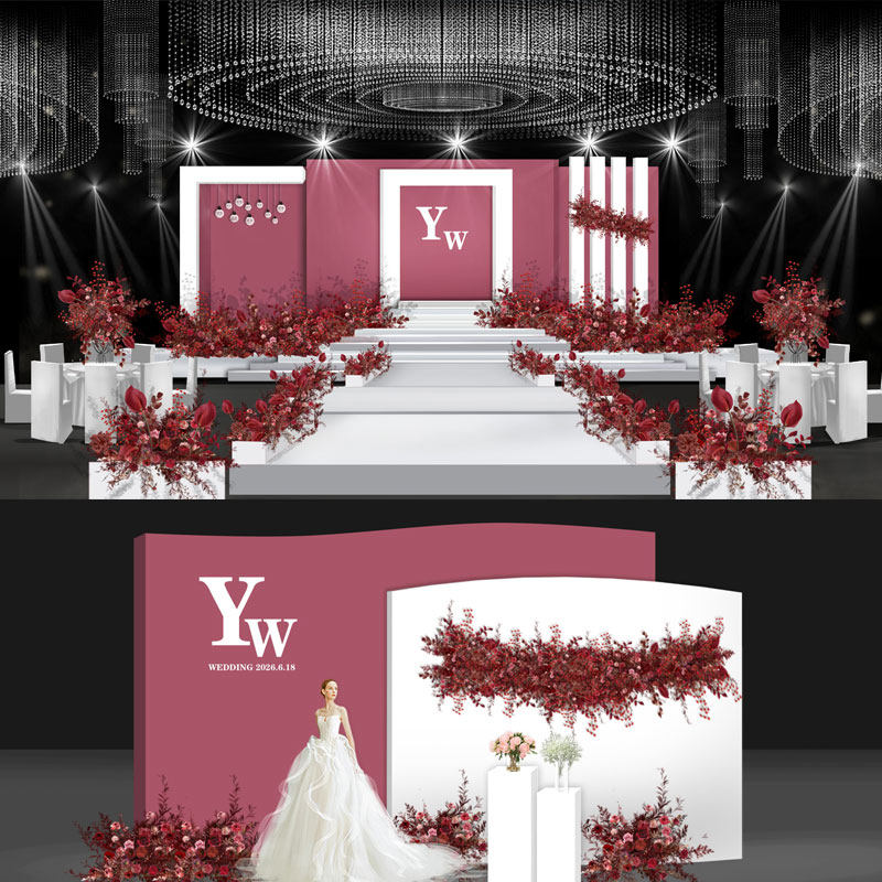 豆沙红色婚礼效果图大气红色婚礼背景效果图婚礼设计方案01