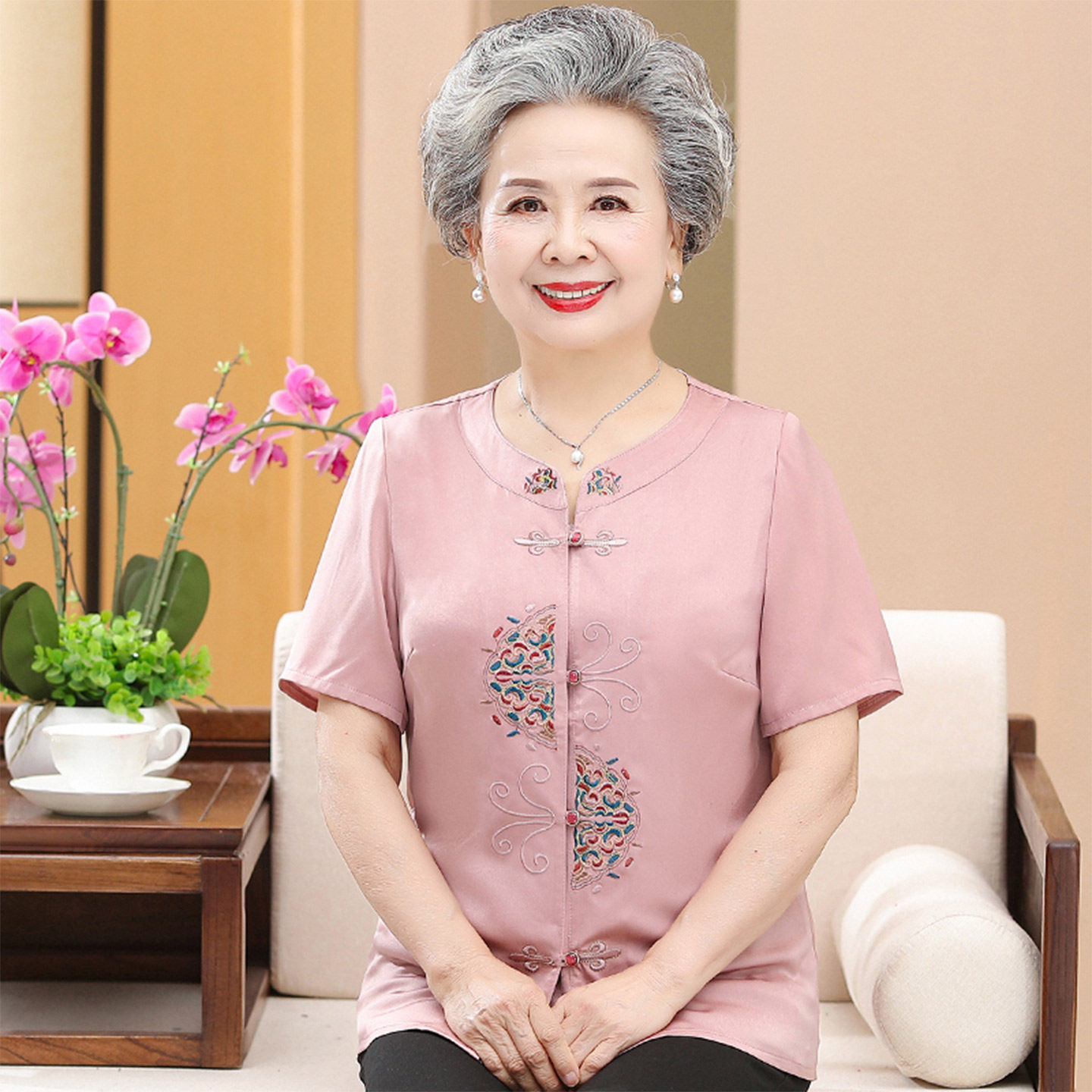 恒源祥妈妈装夏装女真丝衬衫