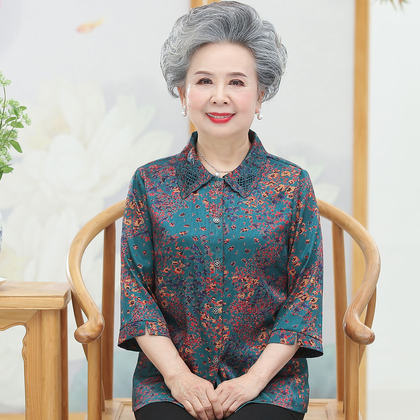 中老年人夏装女衬衫奶奶真丝套装妈妈春夏上翻领衣老人老太太衣服