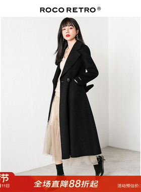 【清仓特价】ROCO100%羊毛呢黑色手工双面呢裙式加厚冬外套女大衣
