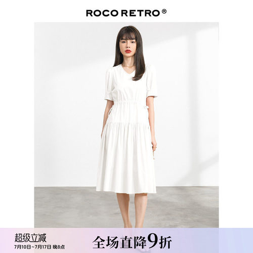 ROCO白色纯棉府绸v领连衣裙