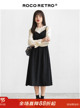 【清仓特价】复古法式黑色吊带裙假两件高级感a字显瘦连衣裙