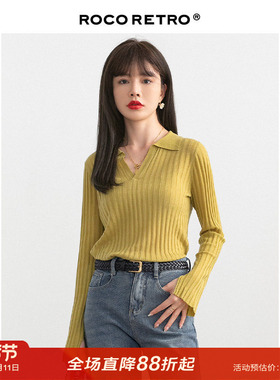 ROCO超细80支丝光羊毛衫女薄款黄色POLO领秋季新款时针织衫打底衫
