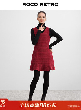 【清仓特价】樱桃红色无袖背心连衣裙女小香风粗花羊毛呢A字短裙