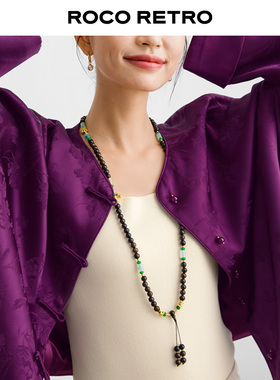 国风新中式 原创黑檀木沙金盘缠仿玉石多宝毛衣链多层手串项链