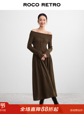 ROCO秋季新款 超细羊毛14针一字领露肩打底衫上衣修身毛衣针织裙