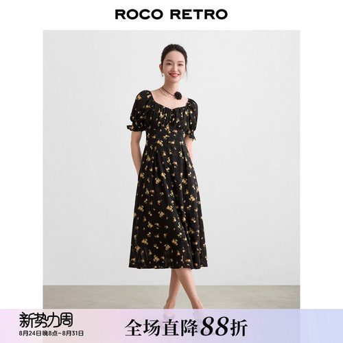 法式方领黑色碎花连衣裙显瘦长裙