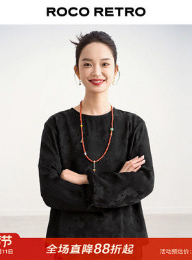 ROCO新中式国风系列 水貂毛袖口人丝缠枝提花圆领衬衫宽松上衣