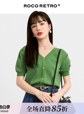 【清仓特价】ROCO超显白绿色短袖针织衫女开衫薄款慵懒风外搭上衣