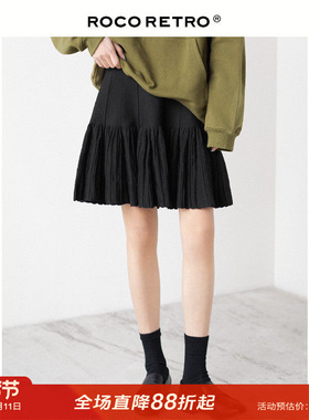 【清仓特价】黑色鱼尾百褶裙女针织短裙冬天配毛衣不规则半身裙